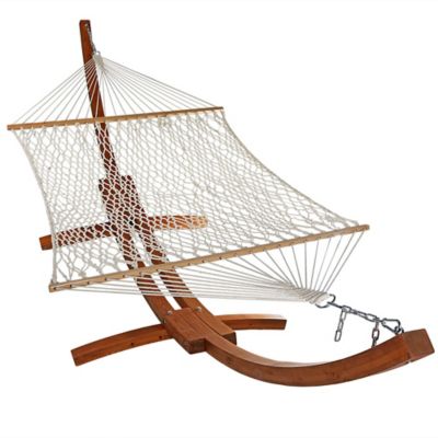 Sunnydaze Decor Cotton Double Wide 2-Person Rope Hammock with Spreader Bars and Curved Arc Wood Stand - 400 lb Weight Capacity