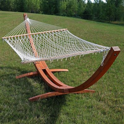 Image showing  Cotton Double Wide 2-Person Rope Hammock with Spreader Bars and Curved Arc Wood Stand - 400 lb Weight Capacity