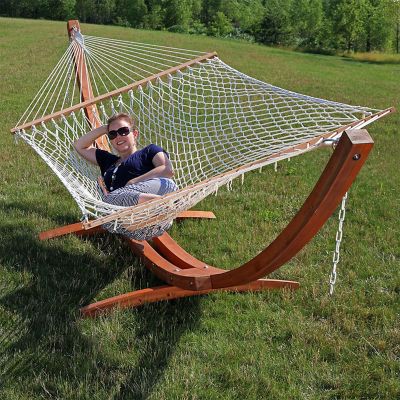 Image showing  Cotton Double Wide 2-Person Rope Hammock with Spreader Bars and Curved Arc Wood Stand - 400 lb Weight Capacity