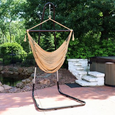 Image showing  Caribbean Style Extra Large Hanging Rope Hammock Chair Swing with Stand - 300 lb Weight Capacity - Tan