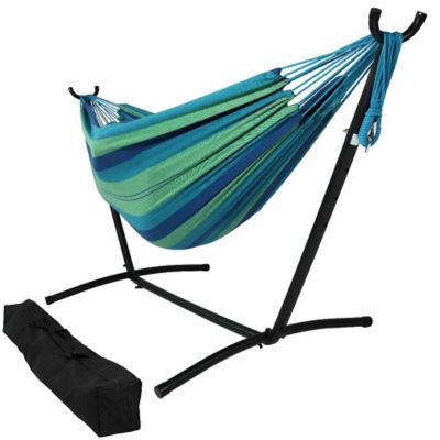Sunnydaze Decor 100 in. Indoor/Outdoor Portable Brazilian Double Hammock, Stand & Carrying Pouch, 400 lb. Capacity, Beach Oasis