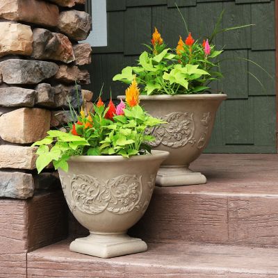 Image showing  Indoor/Outdoor Weather-Resistant Double-Walled Darcy Flower Pot Planter, 16 in., Beige, 2pk