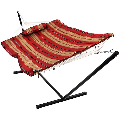 Sunnydaze Decor Cotton Rope Outdoor Hammock with Stand, Awning Stripe