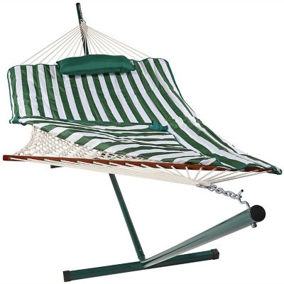Sunnydaze Decor Cotton Rope Outdoor Hammock with Stand, Green/White Stripe