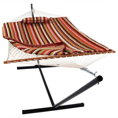 Sunnydaze Decor Cotton Rope Hammock with Spreader Bar with Steel Stand and Pad and Pillow Set - 12' Stand - Tropical Orange