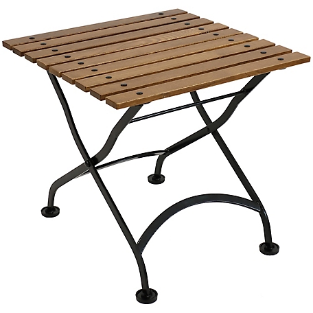 Sunnydaze Decor European Wood Folding Square Patio Side Table, Chestnut Wood Tabletop, Steel Frame, 20 in.