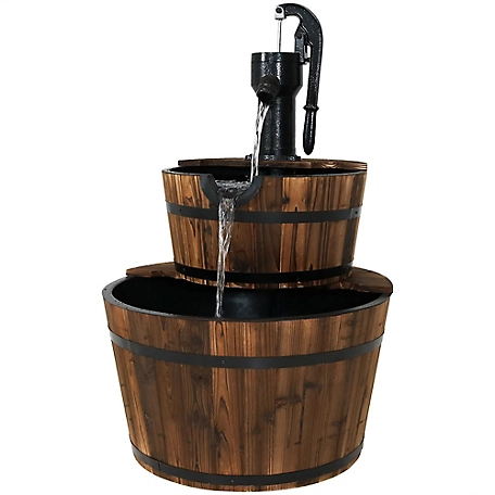 Sunnydaze Decor 37 in. Wood Barrel Water Fountain with Hand Pump, DSL-055