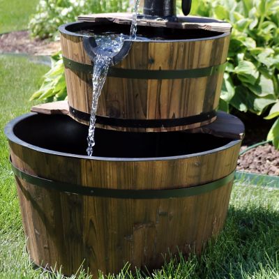 Image showing  37 in. Wood Barrel Water Fountain with Hand Pump