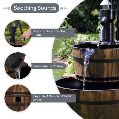 Image showing 6 th Sunnydaze Decor 37 in. Wood Barrel Water Fountain with Hand Pump