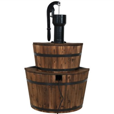 Image showing 7 th Sunnydaze Decor 37 in. Wood Barrel Water Fountain with Hand Pump