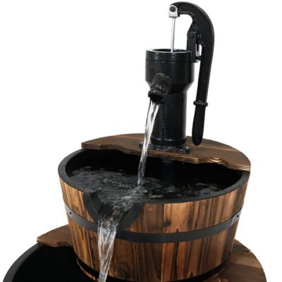 Image showing 9 th Sunnydaze Decor 37 in. Wood Barrel Water Fountain with Hand Pump