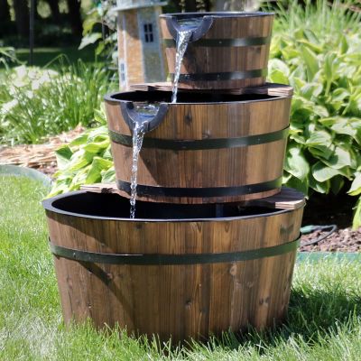 Image showing  30 in. 3-Tier Outdoor Electric Wood Rustic Farmhouse Style Barrel Water Fountain