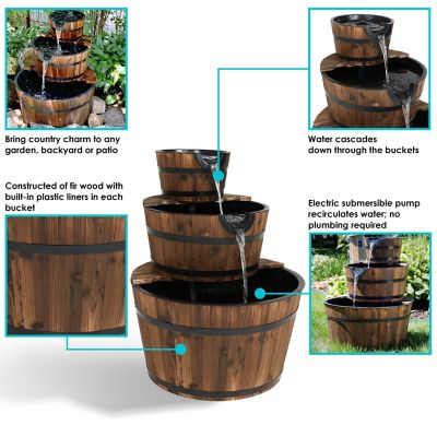 Image showing  30 in. 3-Tier Outdoor Electric Wood Rustic Farmhouse Style Barrel Water Fountain