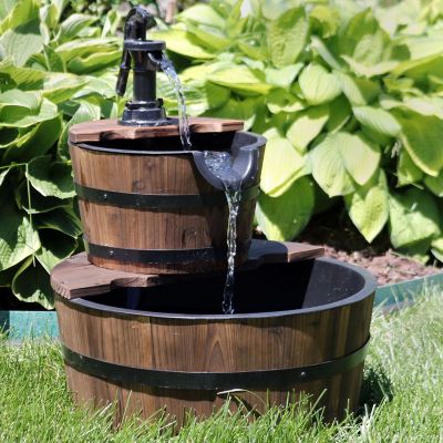 Image showing  23 in. H Electric Fir Wood 2-Tier Farmhouse Barrel with Decorative Hand Pump Outdoor Water Fountain, DSL-079