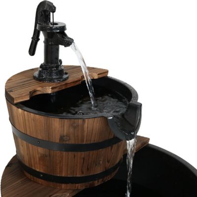 Image showing  23 in. H Electric Fir Wood 2-Tier Farmhouse Barrel with Decorative Hand Pump Outdoor Water Fountain, DSL-079