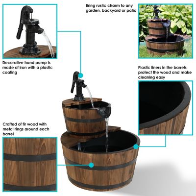 Image showing  23 in. H Electric Fir Wood 2-Tier Farmhouse Barrel with Decorative Hand Pump Outdoor Water Fountain, DSL-079