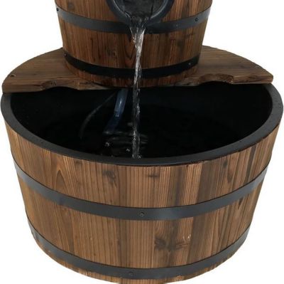 Image showing 8 th Sunnydaze Decor 23 in. H Electric Fir Wood 2-Tier Farmhouse Barrel with Decorative Hand Pump Outdoor Water Fountain, DSL-079