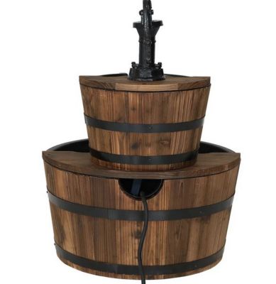 Image showing 9 th Sunnydaze Decor 23 in. H Electric Fir Wood 2-Tier Farmhouse Barrel with Decorative Hand Pump Outdoor Water Fountain, DSL-079