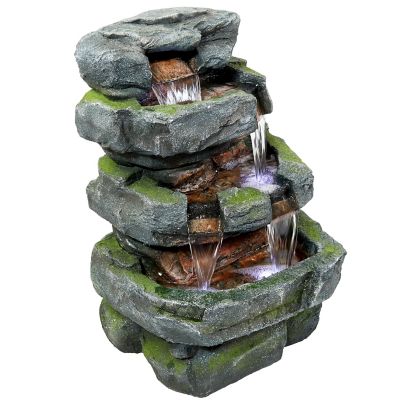 Sunnydaze Decor 24 in. Outdoor Electric Tiered Stone Waterfall Fountain with LED Lights, DW-34061