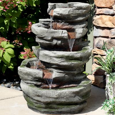 Image showing  31 in. H Electric Polyresin & Fiberglass Lighted Cobblestone Waterfall Outdoor Fountain, LED Lights, DW-34079