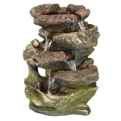 Sunnydaze Decor 14 in. Step Rock Falls Tabletop Water Fountain with LED Lights