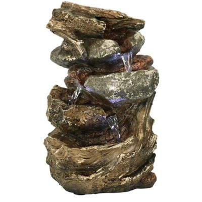 Sunnydaze Decor Tiered Rock and Log Tabletop Water Fountain with LED Lights, 105 in.