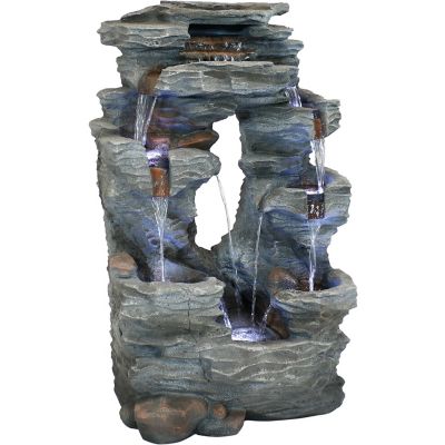 Sunnydaze Decor 39 in. H Electric Polyresin and Fiberglass Dual Cascading Falls Outdoor Water Fountain with LED Lights, DW-505