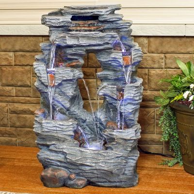Image showing  39 in. H Electric Polyresin and Fiberglass Dual Cascading Falls Outdoor Water Fountain with LED Lights, DW-505