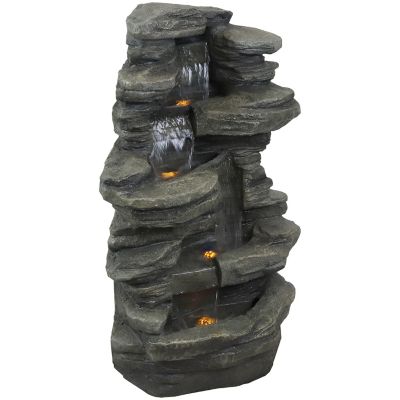 Sunnydaze Decor 38 in. H Electric Polyresin & Fiberglass Stacked Shale Waterfall Outdoor Water Fountain, LED Lights, DW-96023