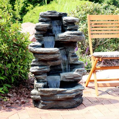 Image showing  38 in. H Electric Polyresin & Fiberglass Stacked Shale Waterfall Outdoor Water Fountain, LED Lights, DW-96023