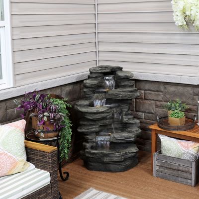 Image showing 9 th Sunnydaze Decor 38 in. H Electric Polyresin & Fiberglass Stacked Shale Waterfall Outdoor Water Fountain, LED Lights, DW-96023