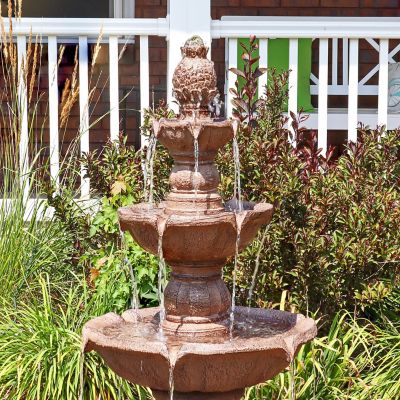 Image showing 9 th Sunnydaze Decor 52 in. H Electric Fiberglass and Resin 4-Tier Pineapple Top Outdoor Water Feature, Tan, FC-73650