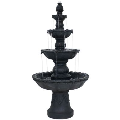 Sunnydaze Decor 52 in. H Electric Fiberglass and Resin 4-Tier Pineapple Top Outdoor Water Feature, Black, FC-73650-BLK