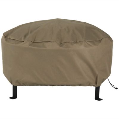 Sunnydaze Decor Heavy-Duty Weather-Resistant PVC & 300D Polyester Round Fire Pit Cover, Drawstring Closure, 36 in., Khaki