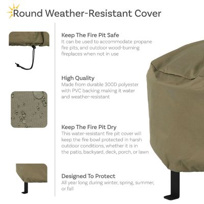 Image showing  Heavy-Duty Weather-Resistant PVC & 300D Polyester Round Fire Pit Cover, Drawstring Closure, 36 in., Khaki