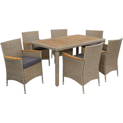 Sunnydaze Decor Outdoor Rattan and Acacia Wood Foxford Patio Dining Set with Table, Chairs, and Seat Cushions - Gray - 7pc