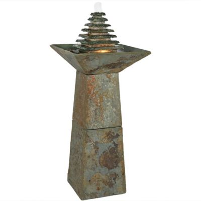 Sunnydaze Decor 40 in. Layered Slate Pyramid Outdoor Water Fountain with LED Light