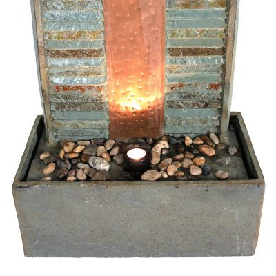 Image showing  48in. H Electric Natural Slate with Copper Accents Rippled Column Outdoor Water Fountain, LED Spotlight, GSI-835