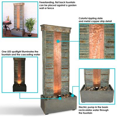 Image showing  48in. H Electric Natural Slate with Copper Accents Rippled Column Outdoor Water Fountain, LED Spotlight, GSI-835