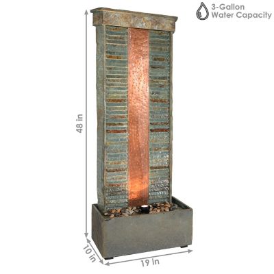 Image showing  48in. H Electric Natural Slate with Copper Accents Rippled Column Outdoor Water Fountain, LED Spotlight, GSI-835