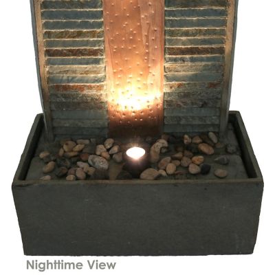 Image showing 6 th Sunnydaze Decor 48in. H Electric Natural Slate with Copper Accents Rippled Column Outdoor Water Fountain, LED Spotlight, GSI-835