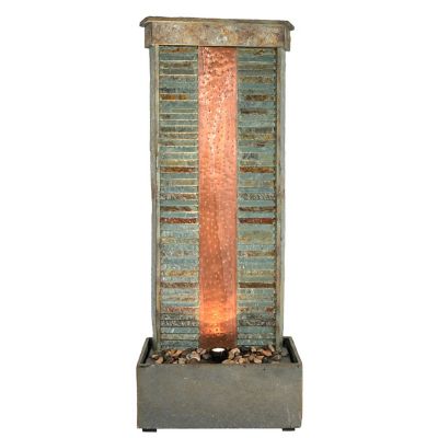Image showing 7 th Sunnydaze Decor 48in. H Electric Natural Slate with Copper Accents Rippled Column Outdoor Water Fountain, LED Spotlight, GSI-835