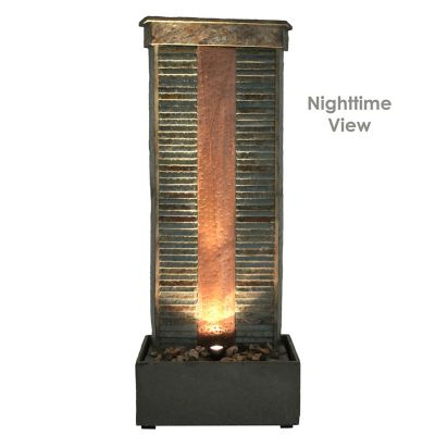 Image showing 8 th Sunnydaze Decor 48in. H Electric Natural Slate with Copper Accents Rippled Column Outdoor Water Fountain, LED Spotlight, GSI-835