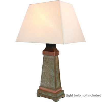 Image showing  Contemporary Natural Slate with Copper Trim and Fabric Shade Accent Weather-Resistant Outdoor Table Lamp
