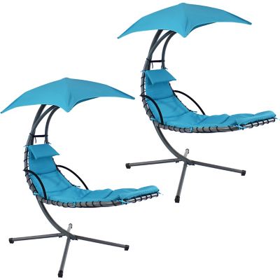 Sunnydaze Decor Outdoor Hanging Chaise Floating Lounge Chair with Canopy Umbrella and Stand - 2pk