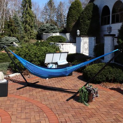 Image showing  XXL Thick Cord Family Size Hand-Woven Mayan Hammock with Steel Stand - 400 lb Weight Capacity/15' Stand - Blue
