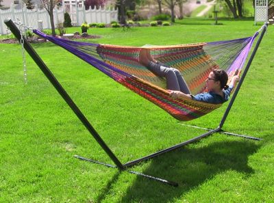 Image showing  Thick Cord Family Size Hand-Woven Mayan Hammock with Stand - 400 lb Weight Capacity/15' Stand - Blue