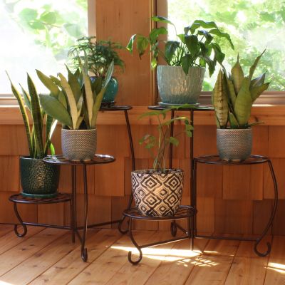 Image showing  Steel Decorative Checker Top 3-Tiered Flower Plant Stand Display - Bronze - 2 pk.