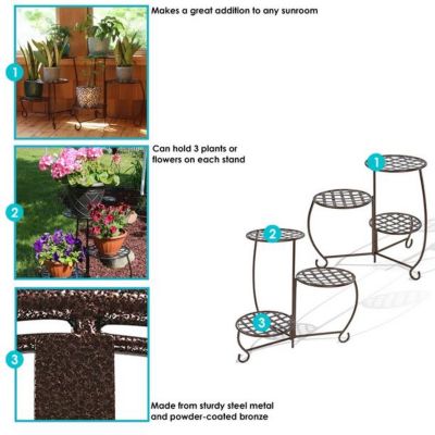 Image showing 9 th Sunnydaze Decor Steel Decorative Checker Top 3-Tiered Flower Plant Stand Display - Bronze - 2 pk.