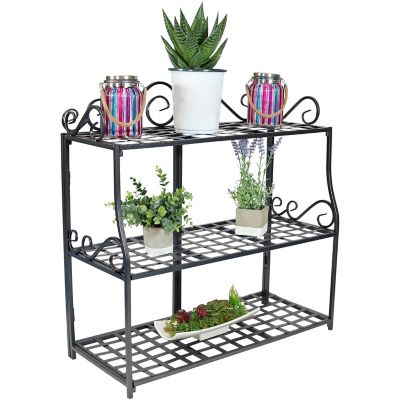Sunnydaze Decor 3-Tier Iron Metal Potted Flower Plant Stand with Scrolled Back Design, 30 in., Black